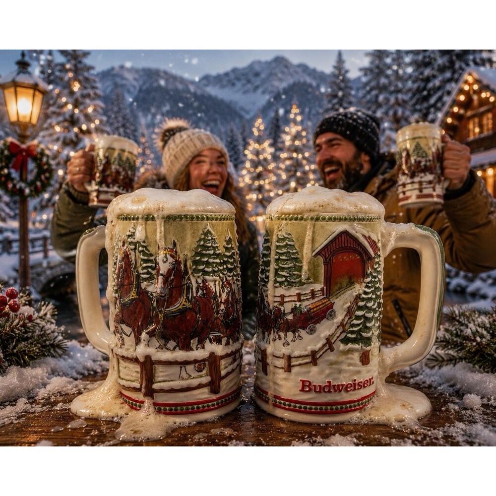 Budweiser Holiday Clydesdale Beer Steins Set of 2 Winter Christmas 1993